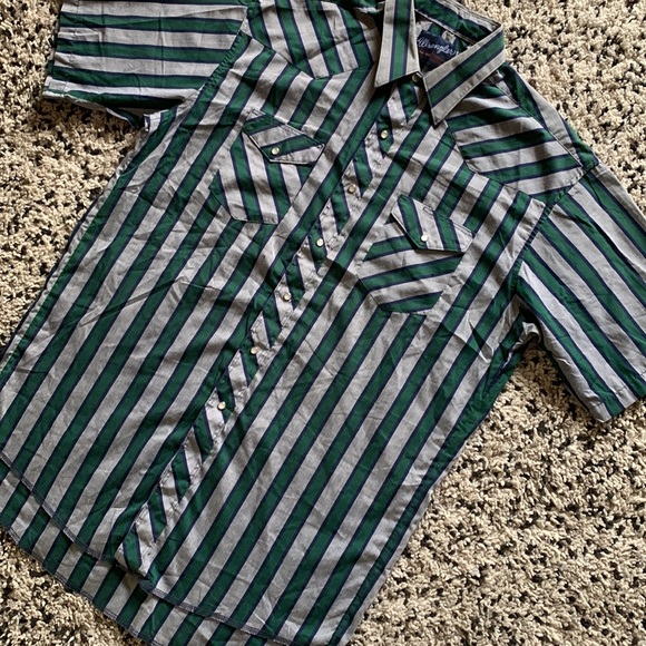 Vintage Wrangler Long Tail Mens Snap Button Western Grey Green Blue Stripe Shirt - Picture 2 of 13